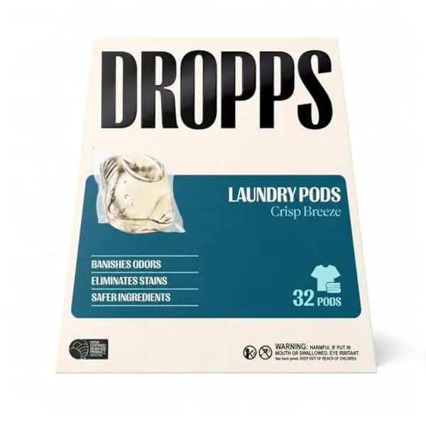 Dropps Odor & Stain Laundry Detergent Pods, Crisp Breeze (32 Count) - Powerful Laundry Pods | Complete Clean Laundry Soap | Fights Odors & Stains | Clean Ingredients | Plastic Free Packaging
