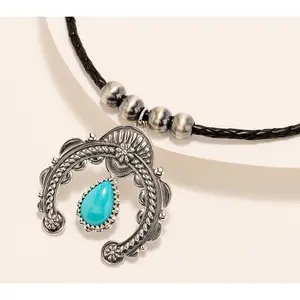 American West Sterling & Leather Pear Gemstone Naja Necklace