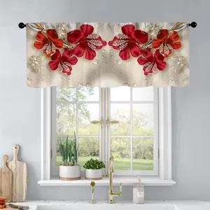 1 pc Red Abstract Floral Print Kitchen Curtains Valance Living Room Bedroom Bathroom Home Decoration Curtain Home Decor 54x18 Inch