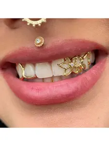 Silver Gold Teeth Grillz for Women Men Dental Grillz Grills Silver Tooth Cap Grillz Golden Tooth Jewelry CZ Diamond Flower Mouth Grills Men Hip Hop Outfits Custom Accessory