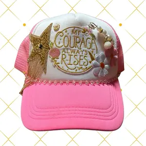 Trucker Hat with Patches and Hat Chain - Pink