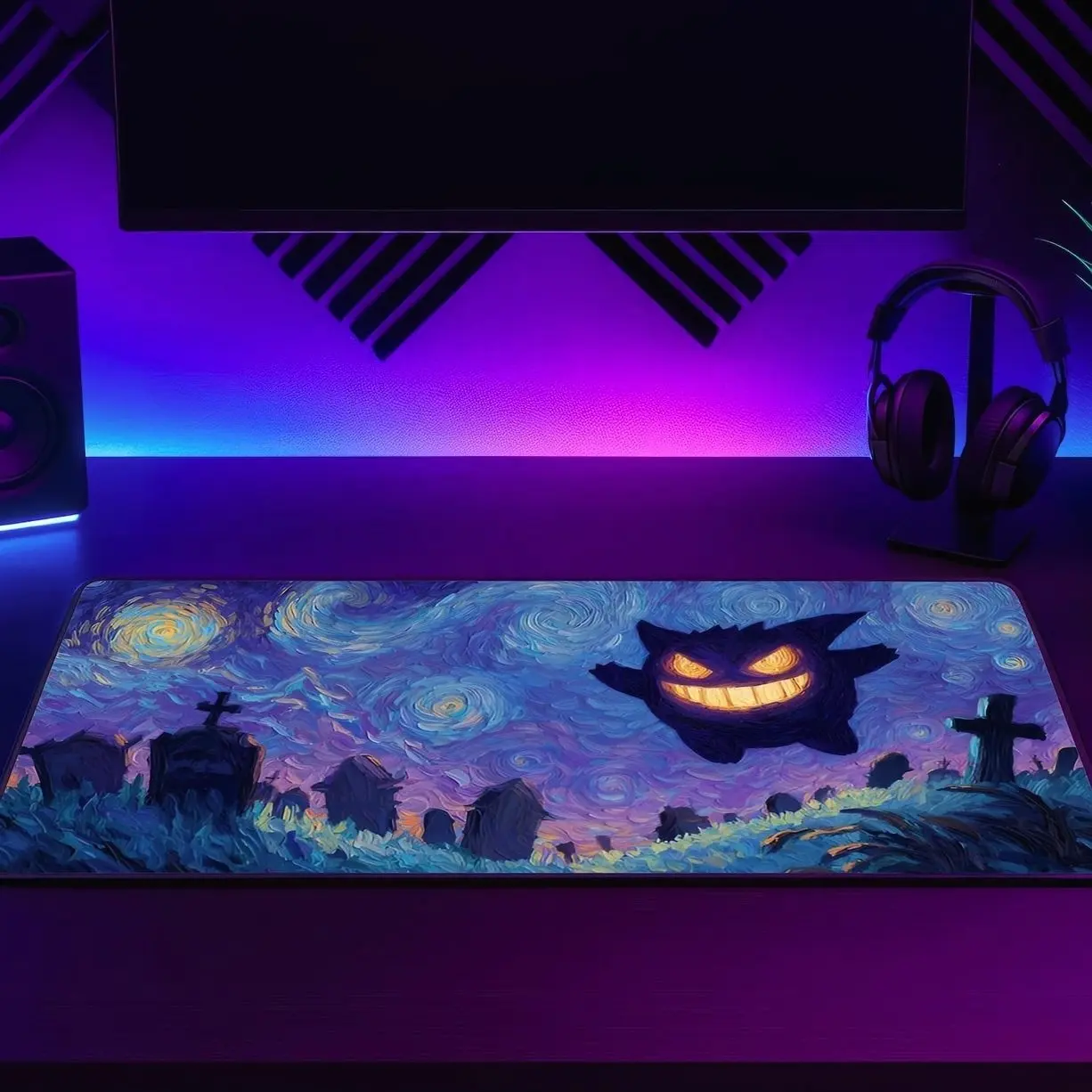 Gengar Mouse Pad Gothic Night Desk Mat, Ghost Anime Gaming Mousepad, Spooky Starry Art XXL Desk Pad, Purple Aesthetic Gamer Decor