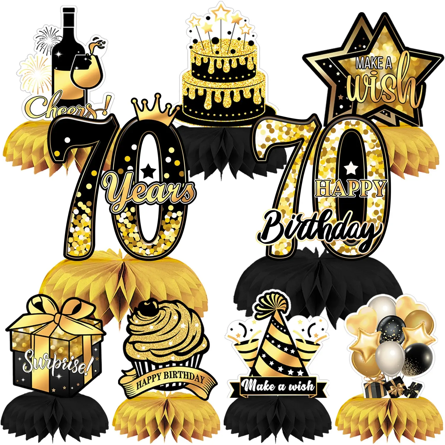 9 Pcs Set 3D Black Gold 70th Birthday Centerpiece Decorations Table Centerpieces Decor for Party Cheers to 70 Years Celebration Supplies Decorative Ornaments
