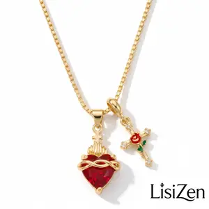LisiZen New Heart-shaped Rose Cross Multi-pendant Necklace with Love Zircon Sacred Heart Collarbone Chain DZXL4063