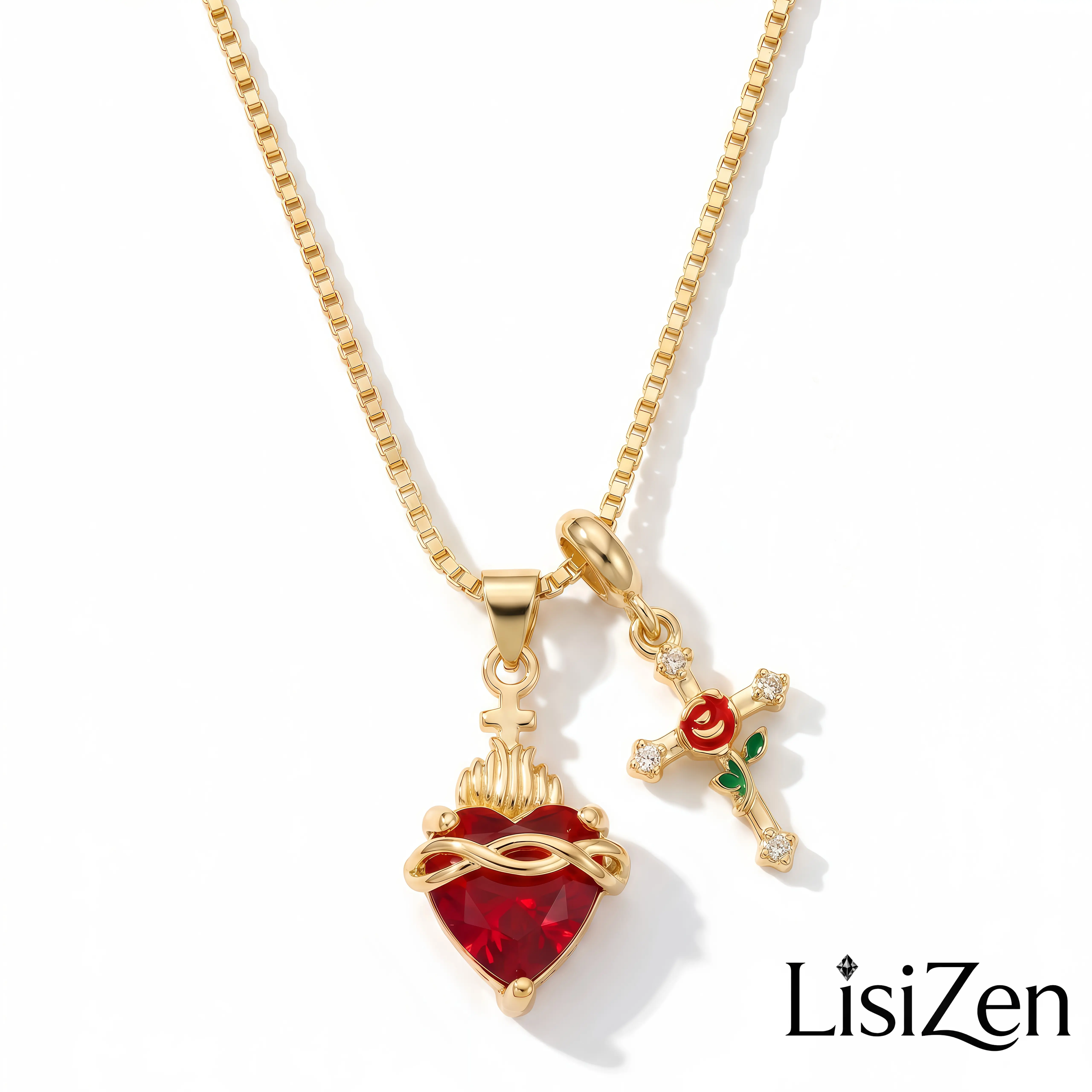 LisiZen New Heart-shaped Rose Cross Multi-pendant Necklace with Love Zircon Sacred Heart Collarbone Chain DZXL4063