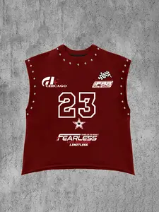 Trendy Unisex Wide Shoulder Vest, Rivet Sleeveless Top, Sleeveless Tank, Racing Style '23' Print, Hardcore Design, Streetwear Party Wear, Spring & Fall