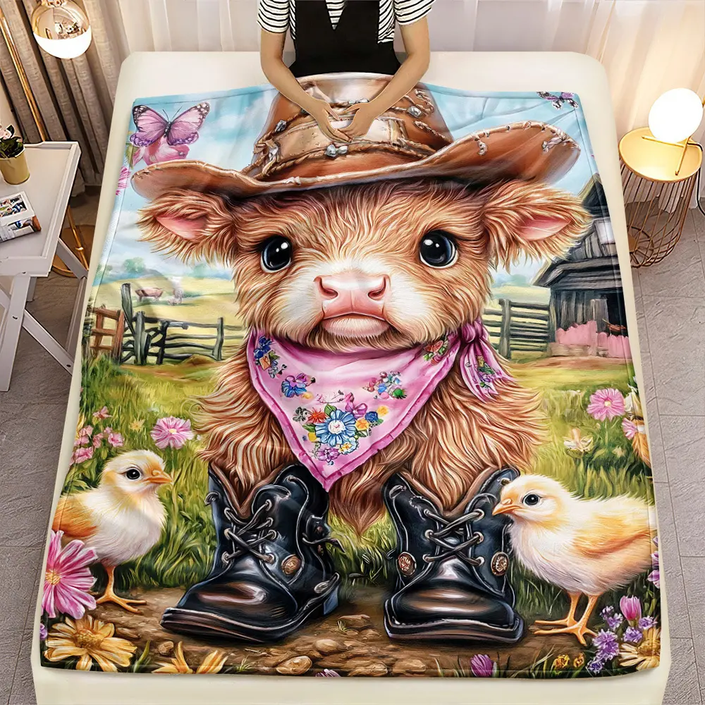 1pc Calf in Cowboy Hat with Chicks Blanket | 280gsm Flannel Digital Printed Blanket, Suitable for Sofas, Beds, Travel, Camping, Living Rooms, Offices - Soft and Warm, Polyester, Geometric-Pattern, Rainbow Theme, All Seasons