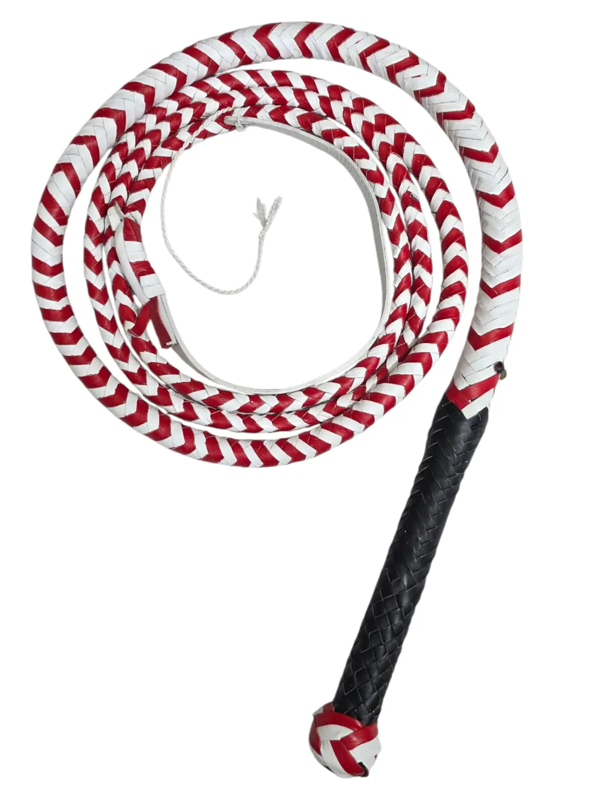 Genuine Cowhide Leather Bullwhip, 3-Tone white Black Red 12-Plait Hand-Braided Indiana Jones Style, 6-10ft Durable Equestrian Training Whip