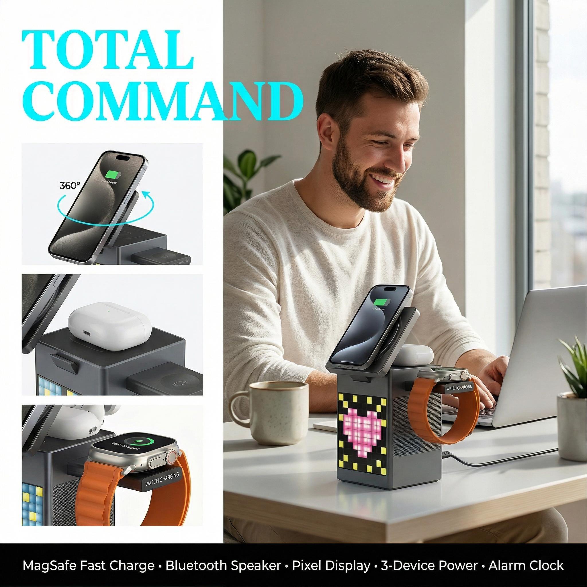 MagSafe-compatible 6-in-1 Charging Station with Bluetooth Speaker, Clock & Pixel Display – Ideal for iPhone, Desk, Travel & Multi-Device Charging | Smart All-in-One Solution for March Madness, Spring Break, World Cup & Easter