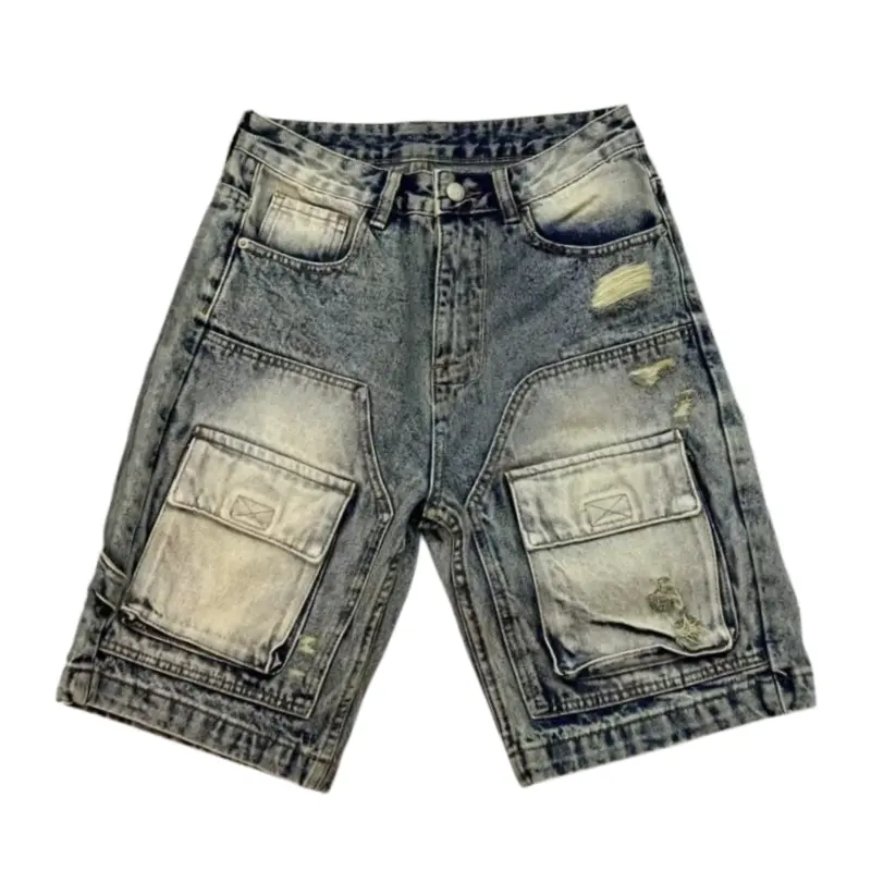 Men's Retro Style Casual Shorts - Chic Mid Waist, Straight-Cut Fit, Washed Look with Multiple Pockets, Daily Casual Shorts, Menswear, Acid Washed Cotton Men's Shorts