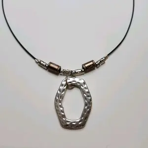 Wire Necklace with Charms - Silver Rectangular Pendant on Black Cord Jewelry Accessory
