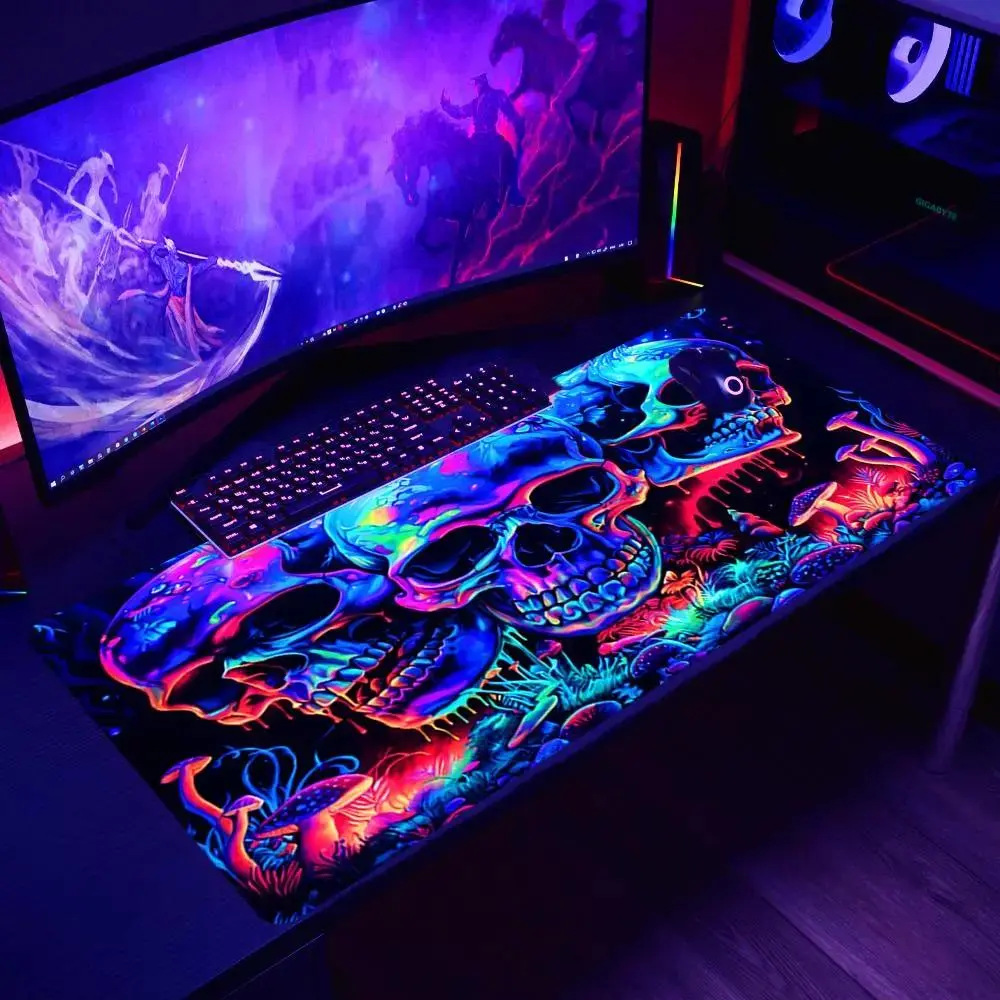 Skull Print Fluorescent Extended Mouse Pad, Large Gaming Mouse Pad, Non-Slip Keyboard Desk Mat, Gothic Desk Setup Decor, Office & Home Workspace Accessory
