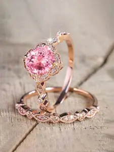 2 Pcs/Set Pretty Cubic Zirconia Solitaire Stackable Promise Rings For Women For Wedding Engagement Party Jewelry Valentine's Day Gift