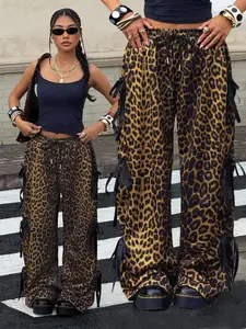 Women's Casual Loose Leopard Print Pants, Fashion Streetwear Dance Schoolgirl Style, Fitted Drawstring Waist, All Seasons