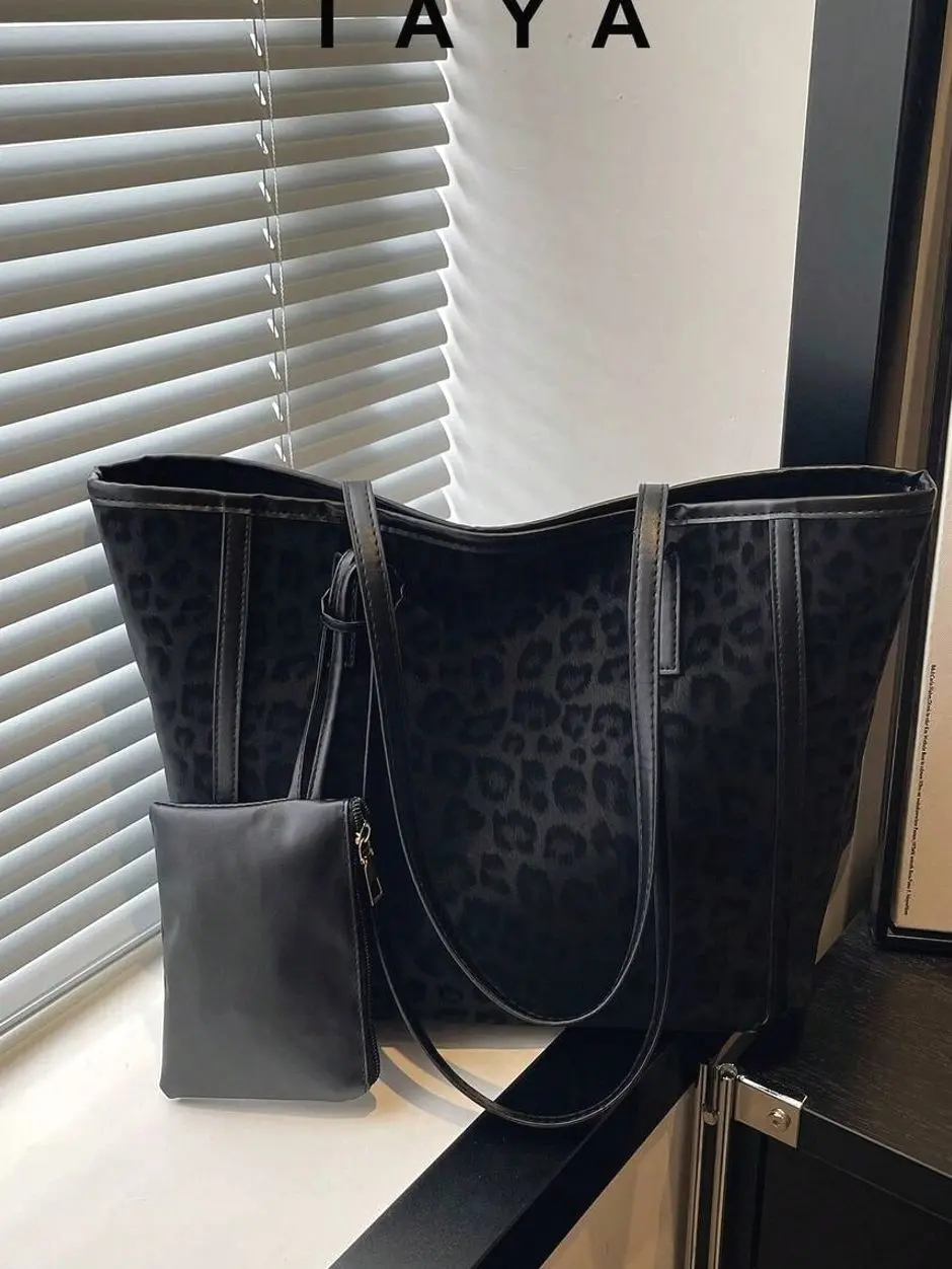 Leopard Print Tote Bag, Large Capacity Faux Leather Shoulder Bag with Matching Pouch, Durable Casual Handbag for Work, Travel, and Daily Use