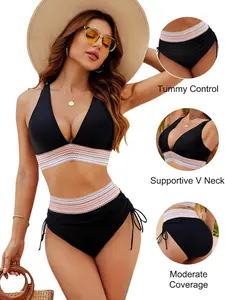 Women's High-Waist Tummy-Control Bikini Set Color-Block Two-Piece Drawstring Swimsuit V-Neck Support Medium Coverage Plus-Size Summer beach Swimwear for Holidays and Outdoor Wear