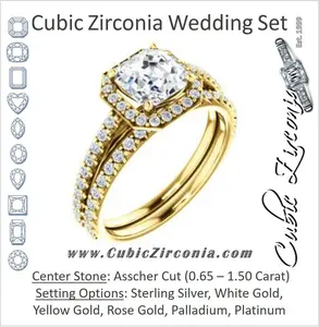 CZ Wedding Set, featuring The Monique engagement ring (Customizable Asscher Cut Cathedral-Halo with Thin Pave-Band)
