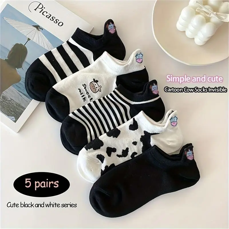 5 Pairs women's anime cow pattern socks no show boat socks with non slip moisture wicking design black white themed daily wear perfect for autumn winter trendy cute style