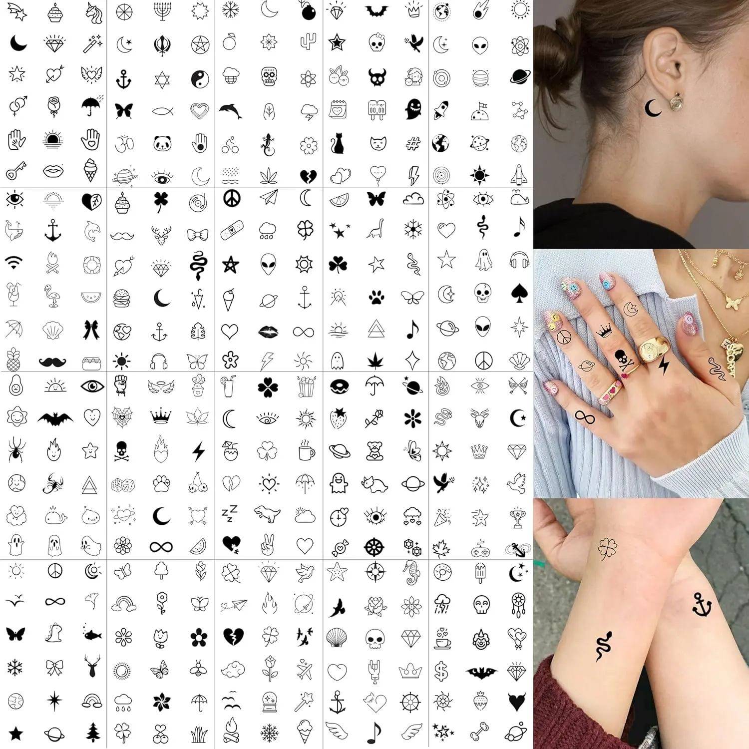 28 Sheets 504 PCS Tiny Small Temporary Tattoos For Women Men Finger Hands, Cartoon Bohemia Fake Tattoo Stickers For Kids Boys Girls, Bulk Cute Black