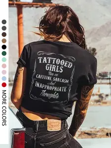 Women's Tattooed Girls Print Round Neck Knit Tee, Trendy Casual Loose Crew Neck Short Sleeve T-shirt for Daily Wear, Ladies Sleepwear for All Seasons, Top, Everyday