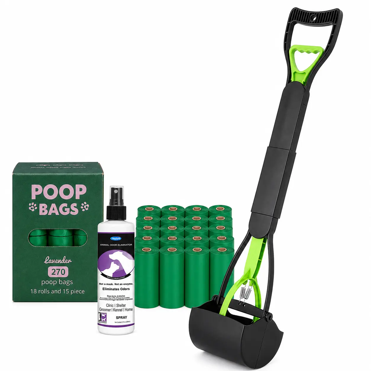 Complete Pet Cleanup Set | Long Handle Poop Scooper + 270 Lavender Poop Bags + Free Odor Eliminator Spray neater Lightweight Carpet Cleaner pooper, Pooper Scooper, Yard
