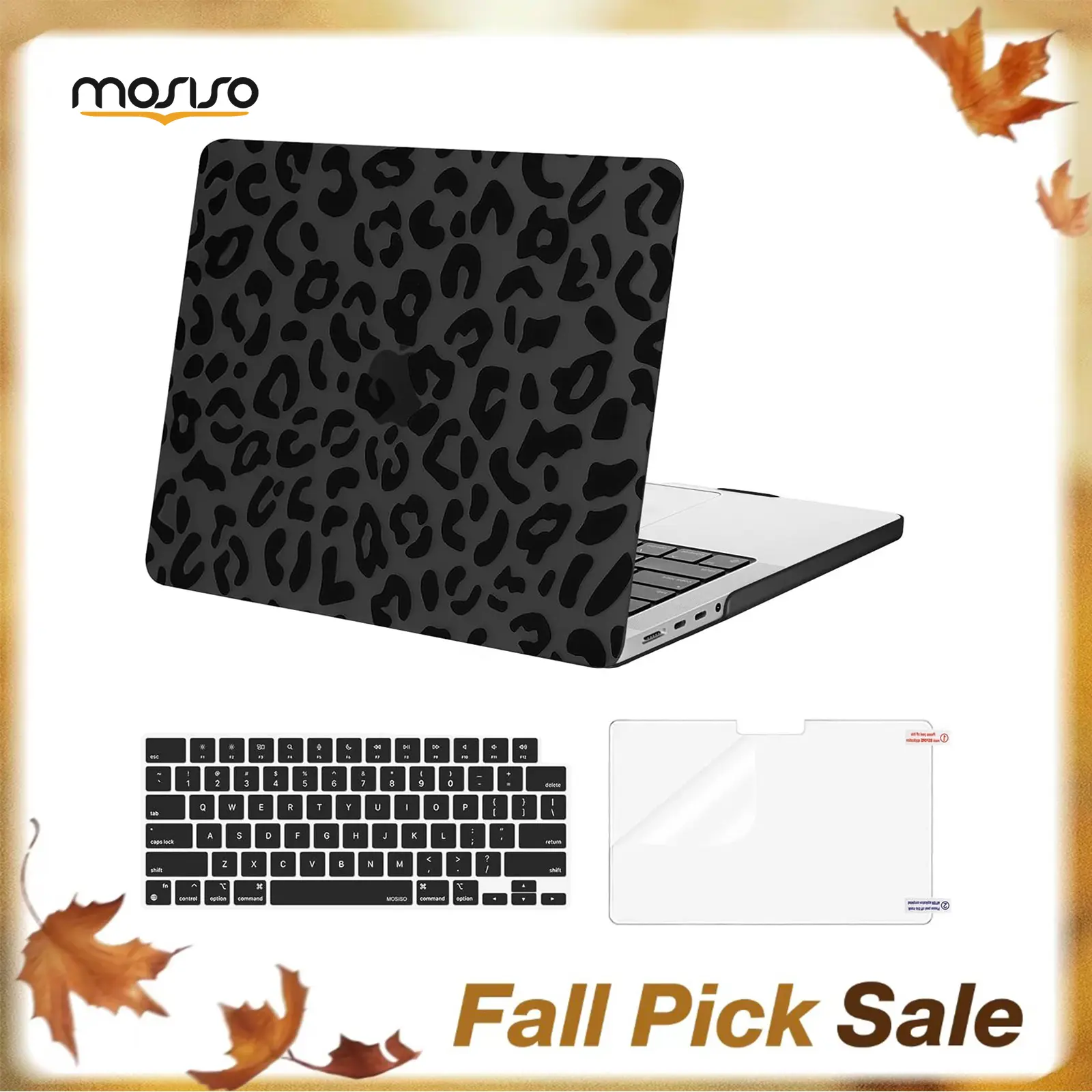 MOSISO Compatible with MacBook Pro 14 inch Case M5 M4 M3 M2 M1 2026-2021 A3427 A3426 A3434 A3112 A3185 A3401 A2918 A2992 A2779 A2442 Pro Max, Leopard Grain Shell&Keyboard Cover&Screen Protector,Black, School, Animal Print, Office, Plastic, Commuting, 3-In