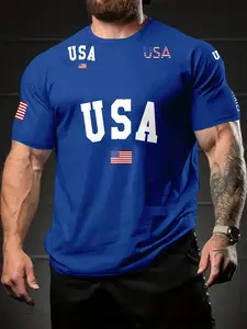 Men's USA Flag Print Round Neck Tee, Regular Fit Casual Short Sleeve Crew Neck T-Shirt for Summer, Men's Top for Daily Wear, Gym T Shirts, Everyday Athletic Tee