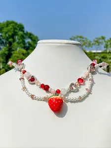 Cute Strawberry Pendant Heart Pearl Crystal Necklace, Stylish Sweet Fresh Design Jewelry for Women, Perfect Gift for Any Occasion