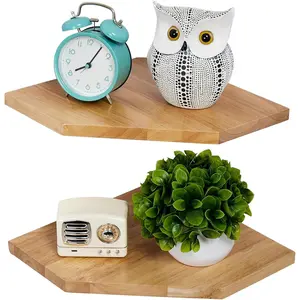 Corner wall shelf, corner floating shelf, 2-piece set of solid oak display shelves, with cable holes, suitable for kitchen and living room, ideal for placing small plants, natural style