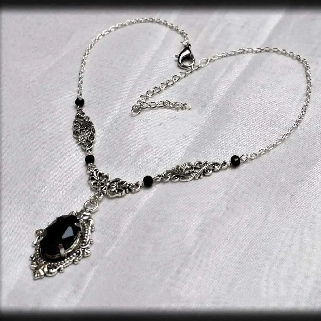Gothic Rose Victorian Necklace with Dark Black Glass Gemstone Steampunk Witch Necklace Christmas
