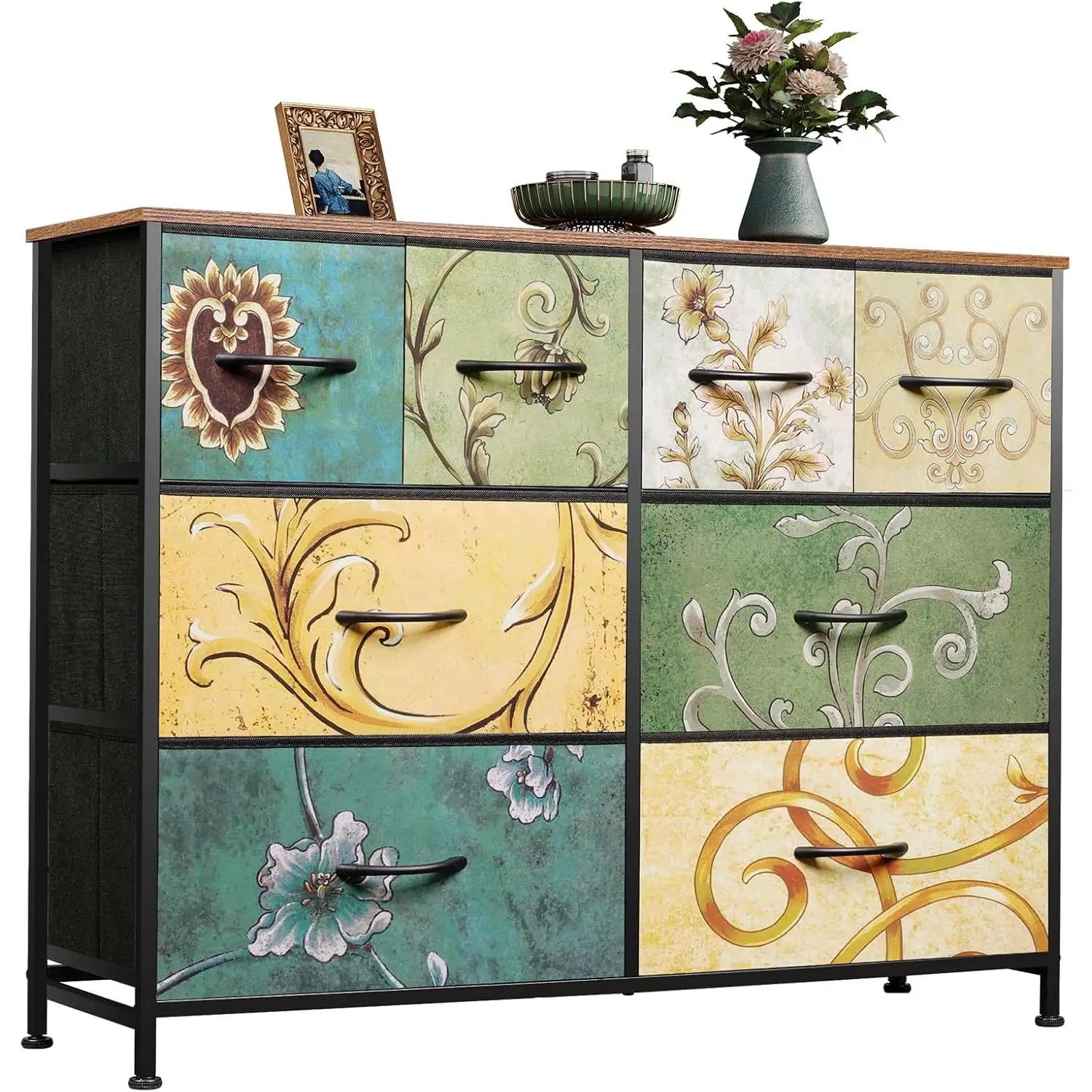 WLIVE 8-Drawer Floral Dresser | 39.4'' Wide Storage / Steel Frame & Adjustable Feet | Foldable Fabric Bins, Cabinets/Cupboard for Bedroom/Closet