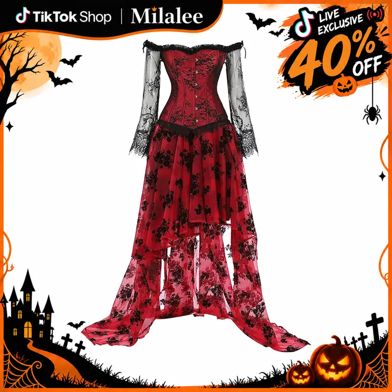 2-Piece Women's Steampunk Victorian Off Shoulder Corset With High Low Skirt Overbust, Long Sleeves,vampire corset costume -live 16