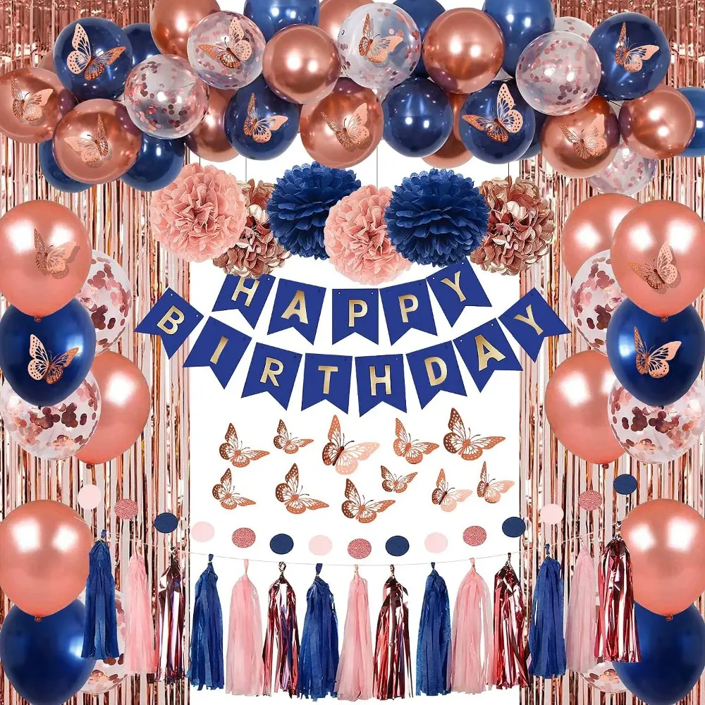 Women's Rose Gold & Navy Blue Happy Birthday Party Decorations Kit - 10x Blue Latex Balloons, 12x Rose Gold 3D Butterfly Wall Decal, Curtains, Circle Dots Garland, Tissue Pompoms, 15x Tissue Tassels Garland, Food-Grade Outdoor Festive Party Supplies Set,,
