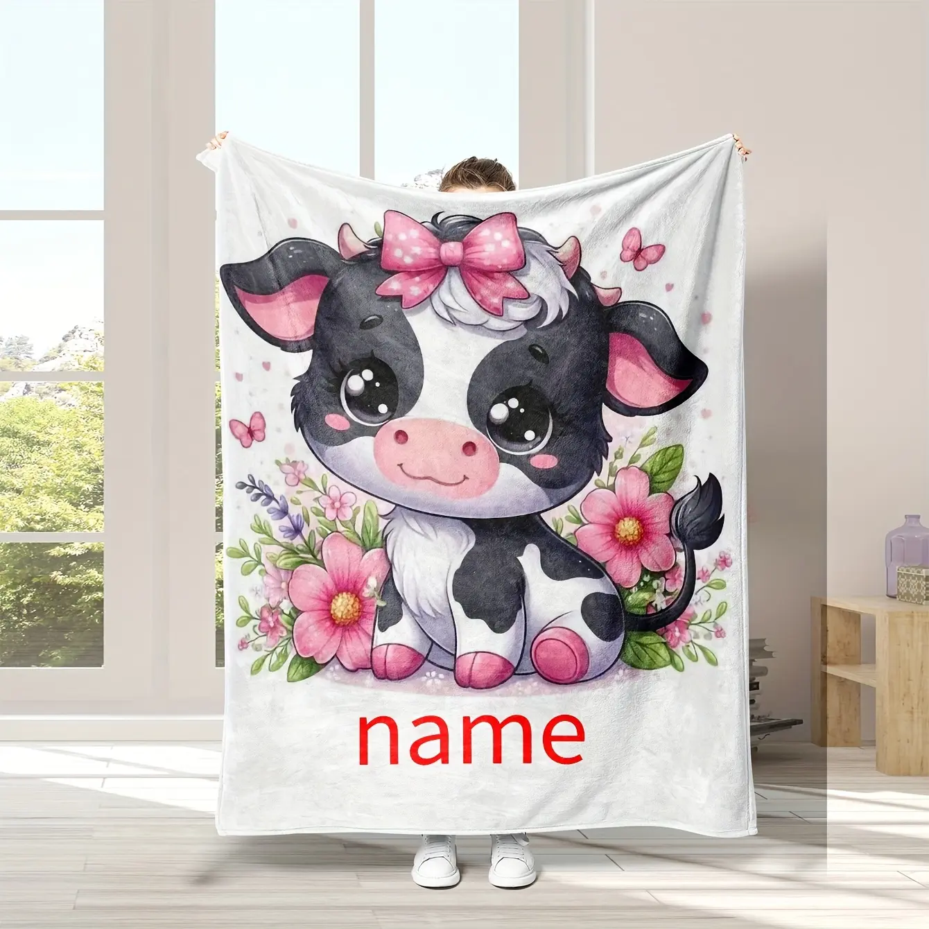 Personalized Cow Flowers Flannel Fleece Blanket - Custom Name Digital Print, Soft Knitted Reversible Throw, 80×120cm(32×48inch), Personalized Gifts for Family, Cozy Multipurpose for Sofa/Camping (1pc), Customized