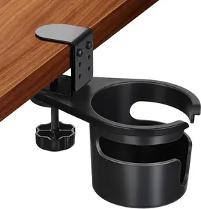 Desk Cup Holder Clamp, Anti-Spill Clip On Table Cup Holder, Rotatable Water Bottle Stand Drink Coffee Mug Storage, Office Accessories for Home and School (Black)