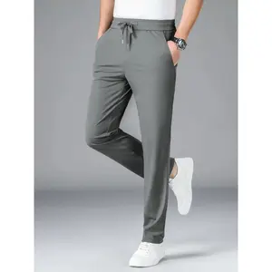 YYK brand Men's Plain Drawstring Straight Leg Pants with Pockets, Classic Design Comfy Elastic Waist Pants for Spring Summer Work Business, Work Holiday Party Outfit, Pants for Men