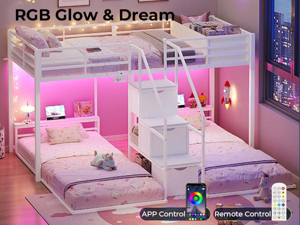 ADORNEVE Triple Bunk Bed with Storage Staircase, RGB Lights & Charging Station, Twin Over Twin, Heavy Duty Metal 3 Bunk Beds with Drawers & Headboard Shelf, Safety Guardrails, for Kids ADORNEVE Triple Bunk Bed with Storage Staircase, RGB Lights & Charging Station, Twin Over Twin, Heavy Duty Metal 3 Bunk Beds with Drawers & Headboard Shelf, Safety Guardrails, for Kids