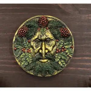 The Horned God Wiccan Winter Season Round Greenman Wall Decor Plaque 5.25"D