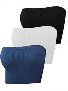 Women's Solid Sports Bandeau Bra, Breathable Comfy Strapless Yoga Bra, Ladies Sportswear for Indoor Outdoor Wear, Gym Clothes, Ribbed Bras