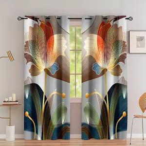 2pcs Glam Style Abstract Floral Golden Line Modern Digital Print Curtains, Polyester Brushed Fabric, Semi-Transparent, Artistic Leaf Pattern, Fade-Resistant, Twill Weave, Machine Washable, with No-Lining for Living Room Bedroom Decor, Home Textile