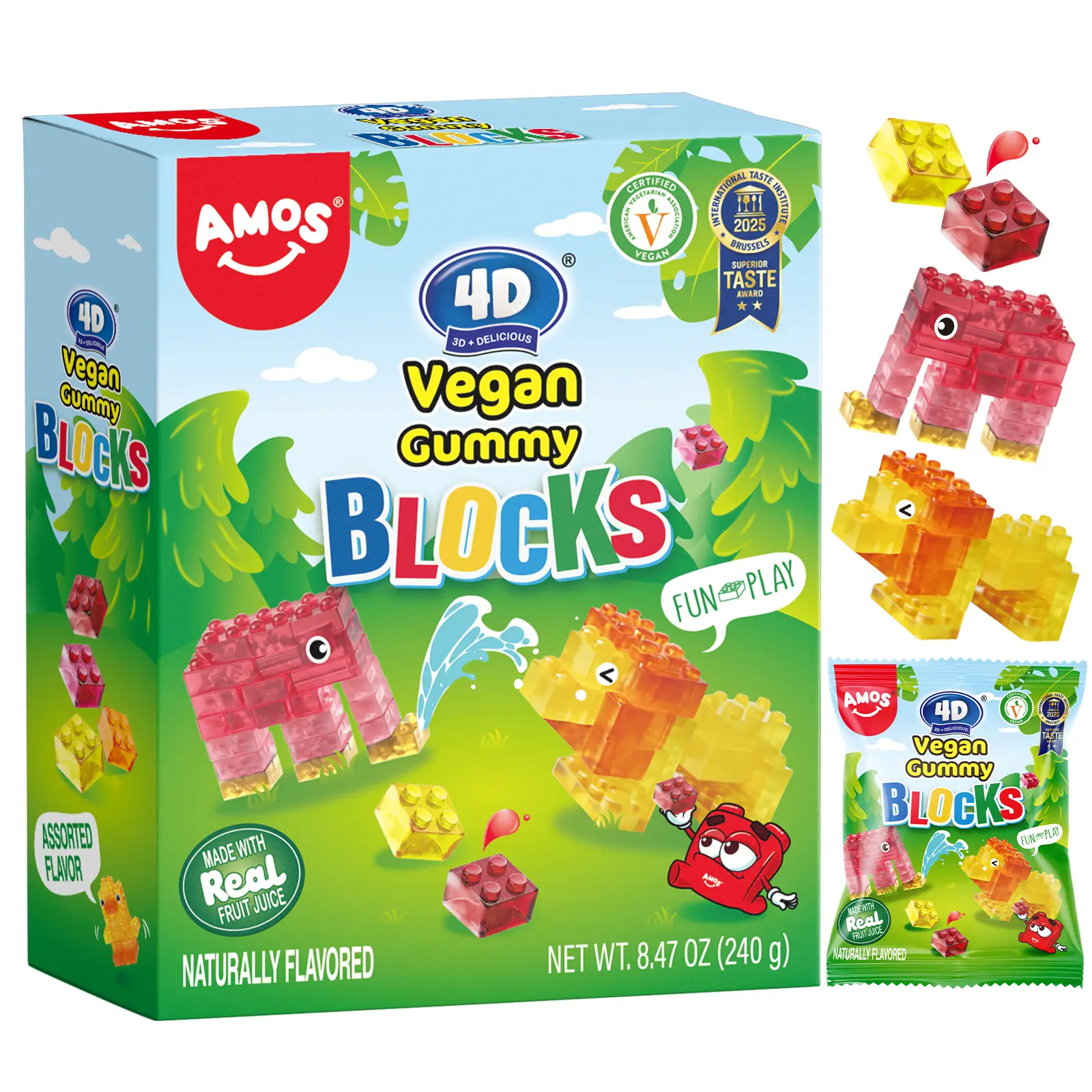 Amos Vegan Gummy Blocks - Watermelon, mango, pineapple and strawberry Flavors - 4D Gummy Building Kit - 6 Resealable Packs - 8.47oz Total - Fun Healt