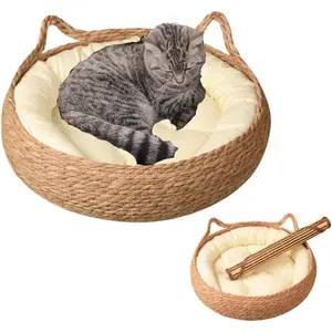Large Round Rattan Cat Bed dog bed with Soft Cushion - Woven Basket Nest for Indoor Cats & Small Dogs, Cozy Cuddling Bucket Bed