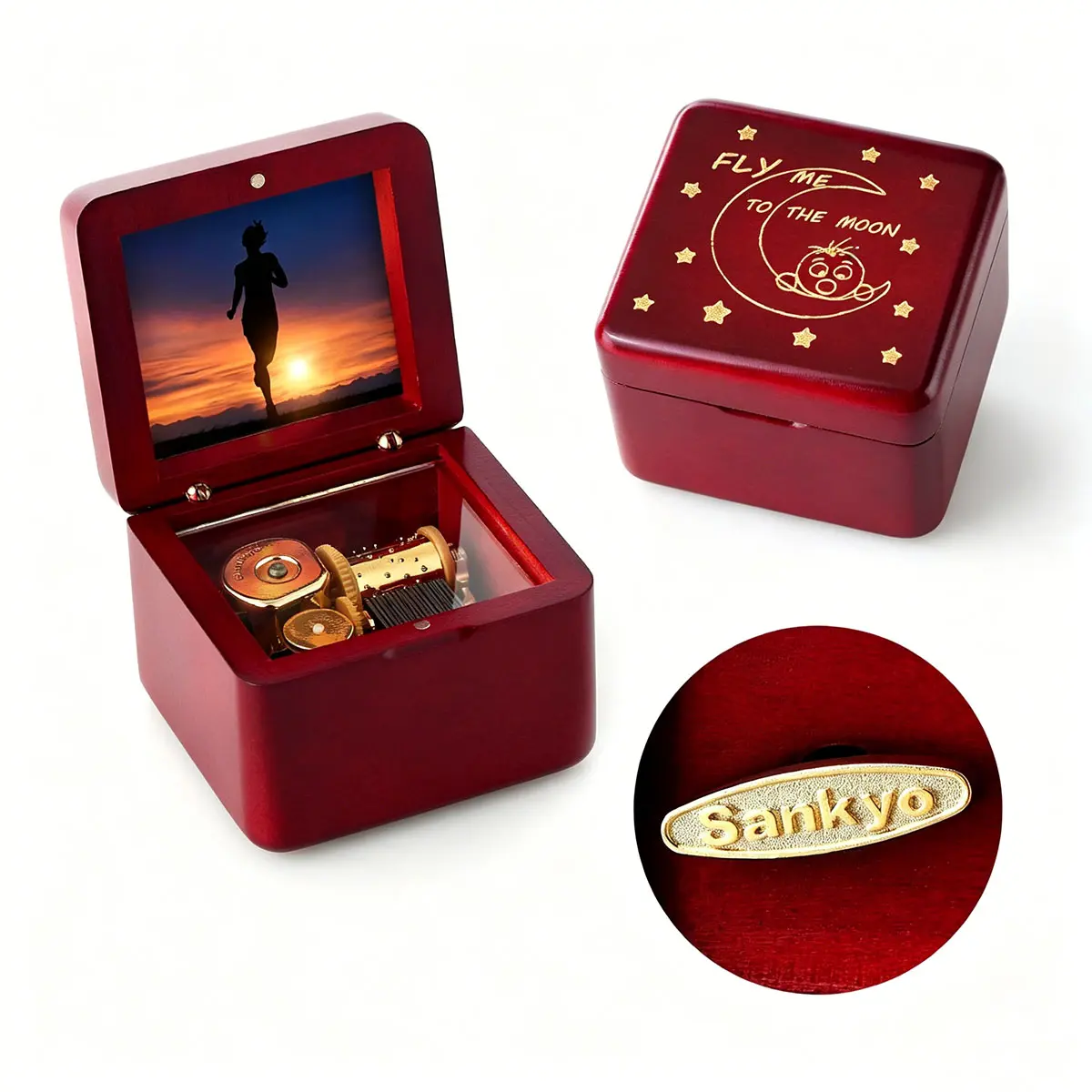 "Fly Me to the Moon" Engraved Music Box & Photo Frame - Wine Red Laser Engraved Wooden Keepsake with Sankyo Movement, Romantic Anniversary/Birthday Gift for Couples, Engraved Music Boxes