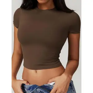 Women's Plain Round Neck Crop Sports Tee, Sporty Casual  Comfortable  Breathable  T-shirt for Yoga Gym Workout Running, T Shirts for Women, Ladies Sportswear Clothing for Summer, Going Out Tops,  Workwear for Women