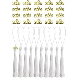 10 count Mini Silky  Bookmark Tassels with 20 count 2025 Year Charms for Graduation  Earring  Making Wedding Favors Souvenir Gifts Tags DIY Craft Projects, White and