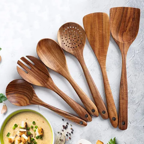 Wooden Non-Stick Scratch-Resistant Kitchen Utensils Set - 6-Piece Cooking Tools with Slotted Spoon, 5/7/11pcs Option, Versatile Addition to Home Kitchen Accessories for Food Prep Efficiency