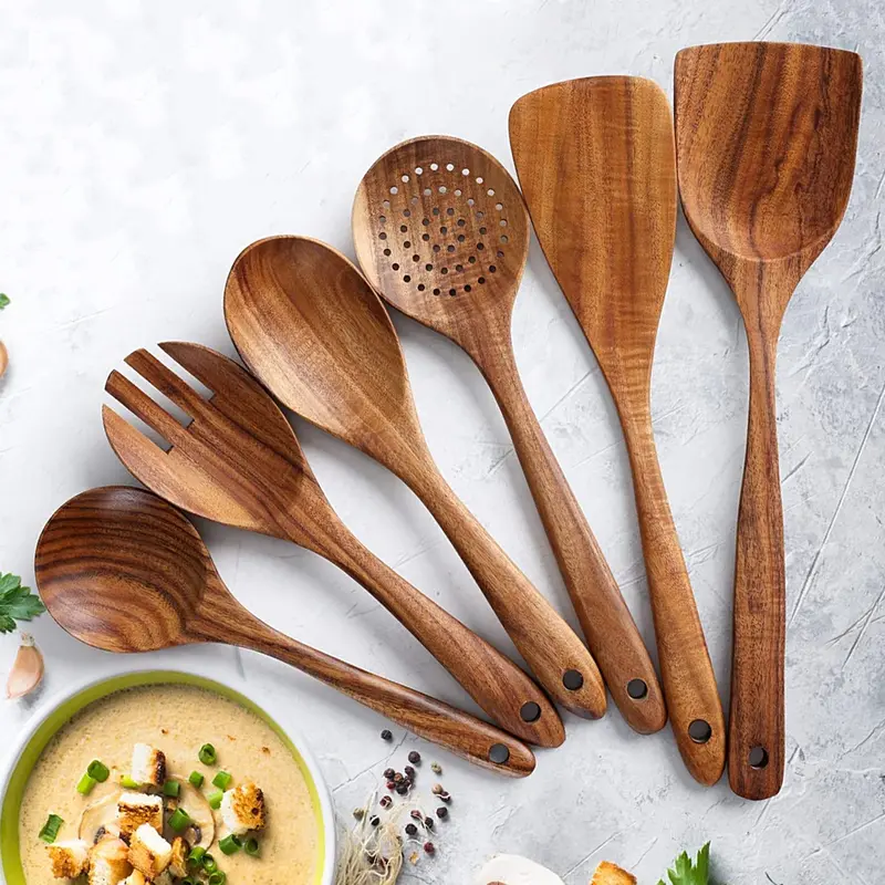 Wooden Non-Stick Scratch-Resistant Kitchen Utensils Set - 6-Piece Cooking Tools with Slotted Spoon, 5/7/11pcs Option, Versatile Addition to Home Kitchen Accessories for Food Prep Efficiency