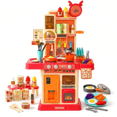 45PCS Kids Kitchen Playset, Pretend Cooking Toy with Running Water Faucet, Steam Effect, Lights & Sounds, Color Changing Play Food and Kitchen Accessories for Boys Girls