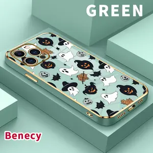 Soft TPU Phone Case for iPhone 15 Pro Max 16 14 Plus 13 12 11 X XS Max XR Halloween Ghost Delight Luxury Electroplating TPU Anti-Slip Bumper Shockproof Cover Gift