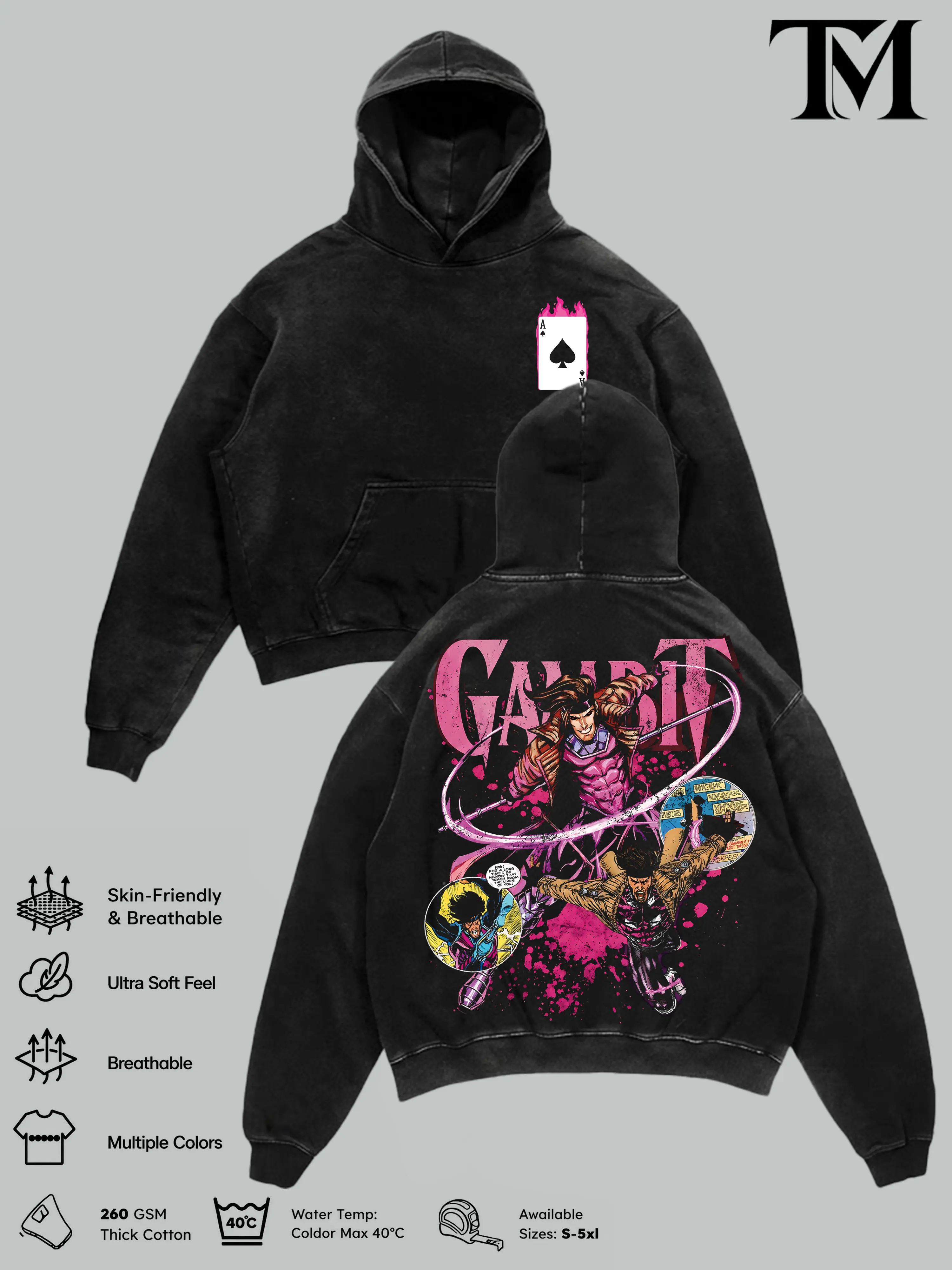 Gambit Hero Double Printed Oversize Hoodie Tshirt Acid Washed Tee & Hoodie, Sweatshirt TV Show Graphic Top Cotton Gift T-Shirt For Comic Lover, Gift T-Shirt For Movie Lover Men's Regular Fit Floral Print Tee streetwear